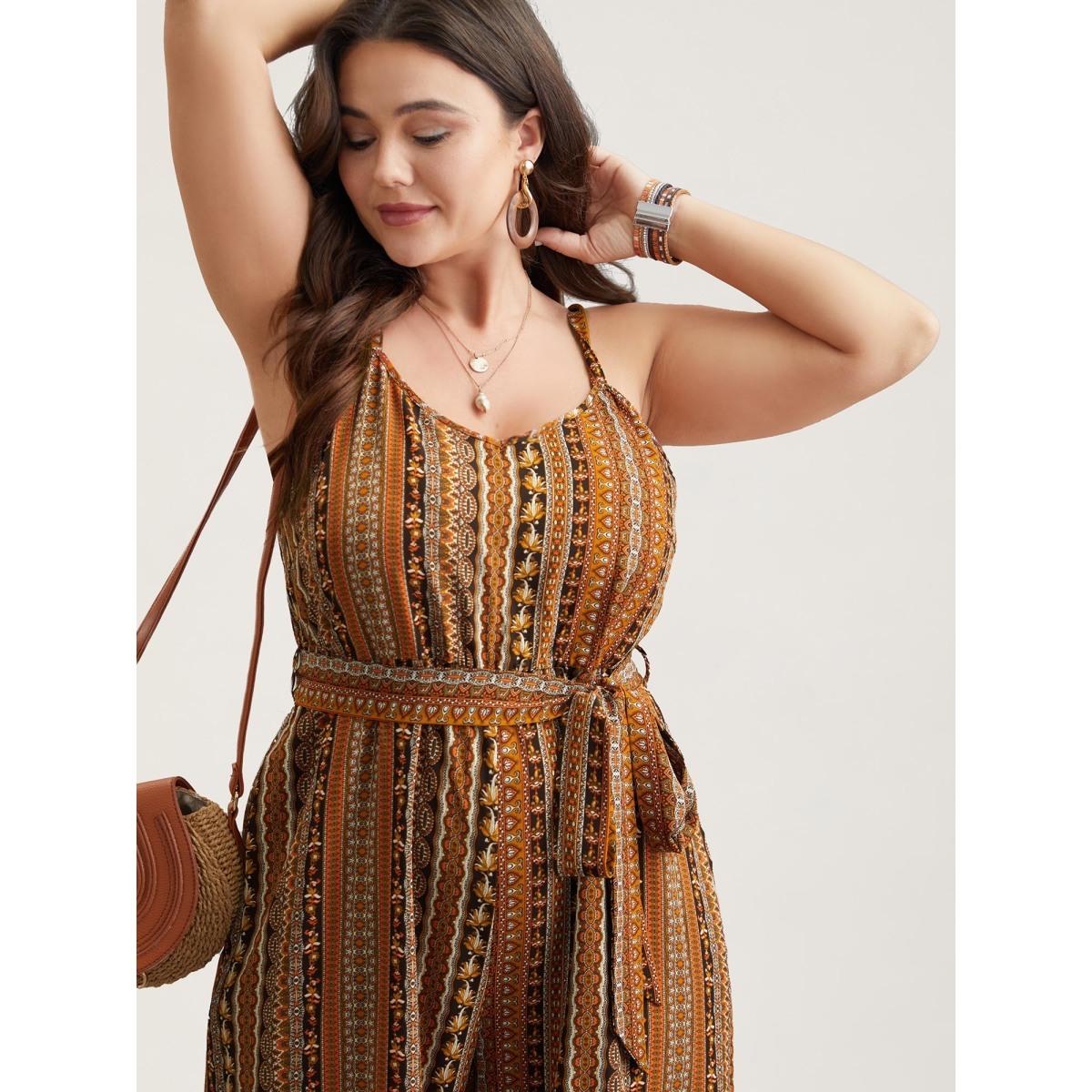 Plus Size DarkBrown Boho Stripes Belted Straight Leg Jumpsuit Women Resort Sleeveless V-neck Vacation Loose Jumpsuits BloomChic 22-24/3X Product Image