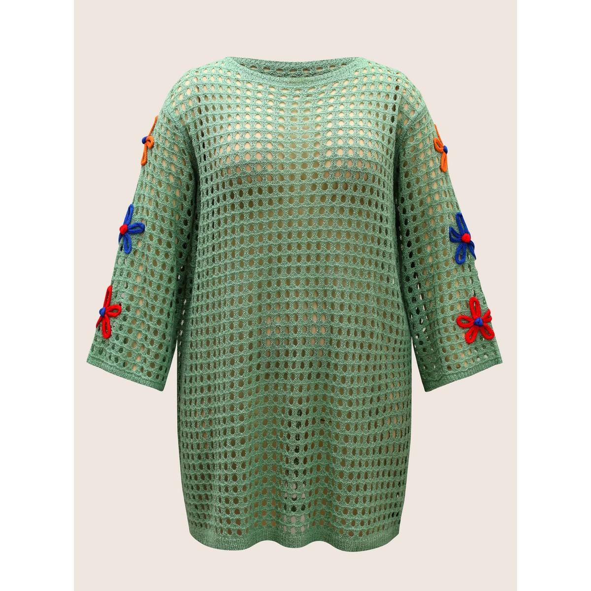 Plus Size Boat Neck Crochet Floral Cut Out Swim Cover Up Women's Swimwear Mint Beach Loose Crochet Curve Swim Cover Ups BloomChic 14-16/1X Product Image