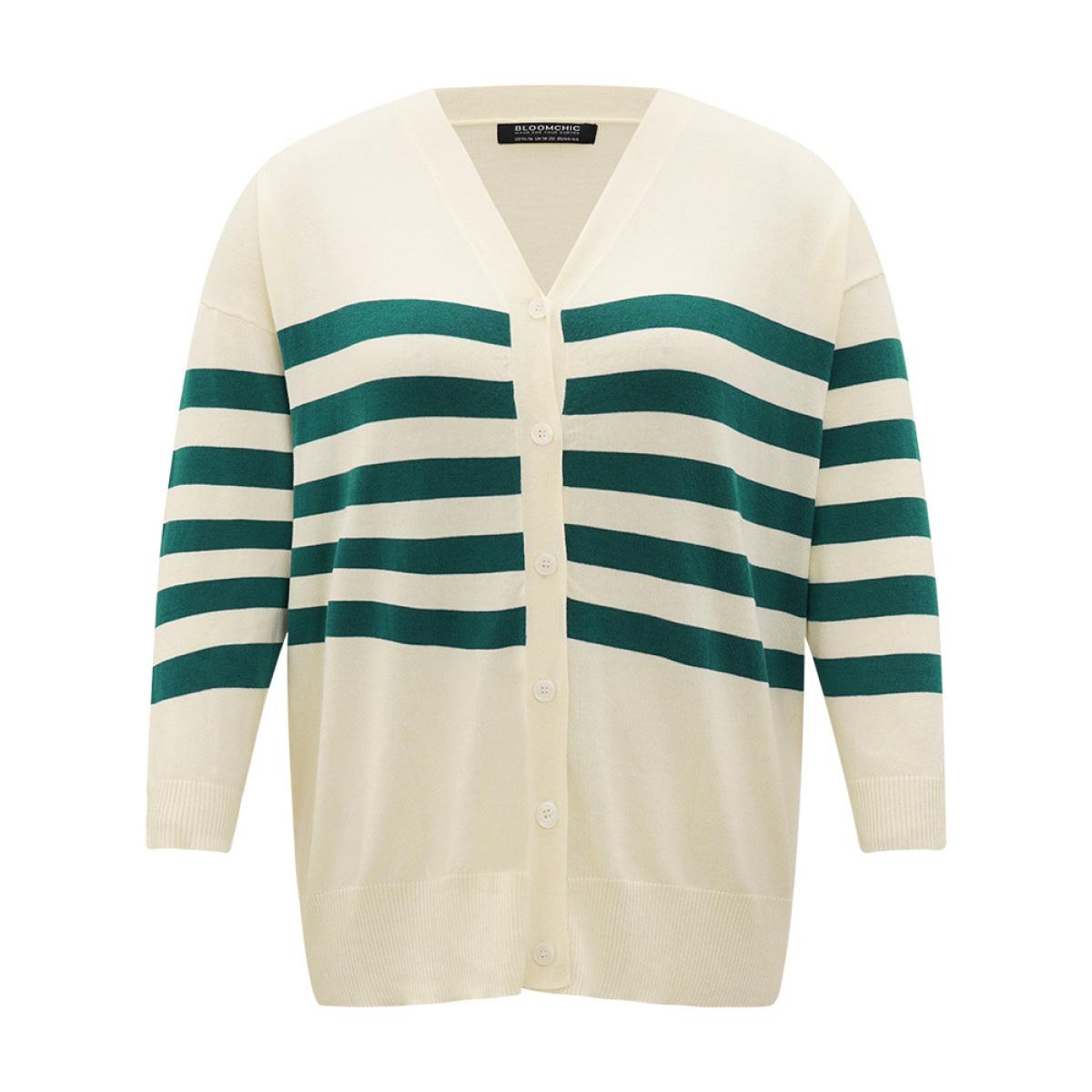 Plus Size Supersoft Essentials Striped Contrast Button Up Cardigan Beige Women Casual Loose Long Sleeve Dailywear Cardigans BloomChic 28/5X Product Image