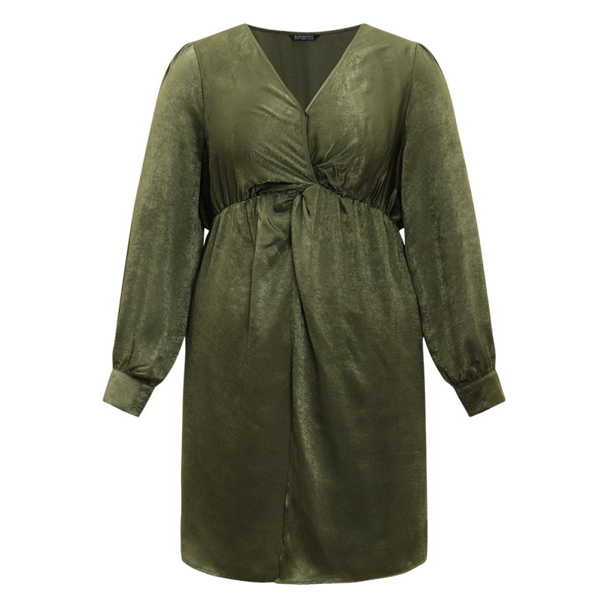 Plus Size Solid Wrap Twist Front Elastic Waist Dress ArmyGreen Women Office Plain V-neck Half Sleeve Curvy Knee Dress BloomChic 14-16/1X Product Image