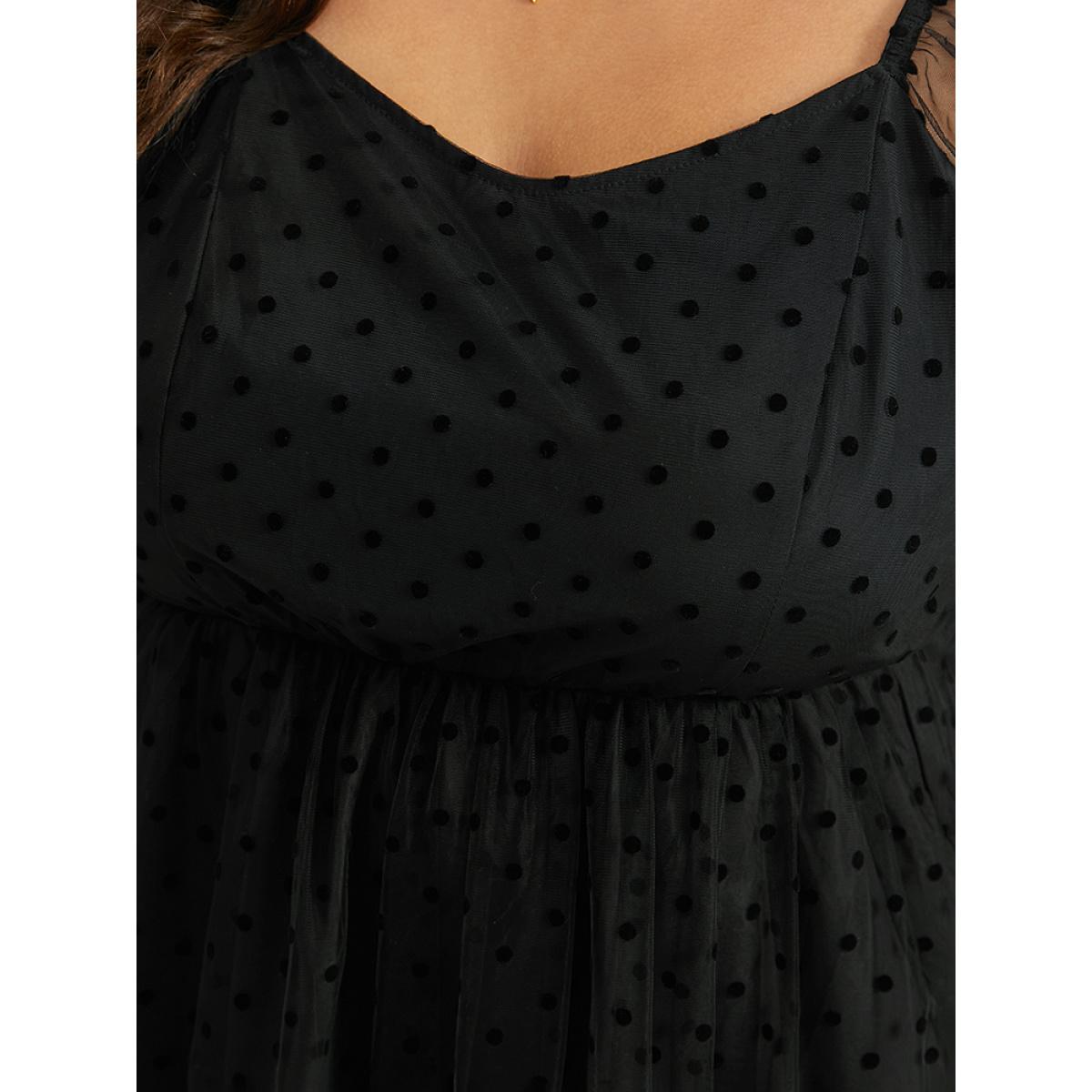 Plus Size Polka Dot Mesh Pocket Square Neck Dress Black Women Elegant Texture Square Neck Long Sleeve Curvy Midi Dress BloomChic 30/6X Product Image