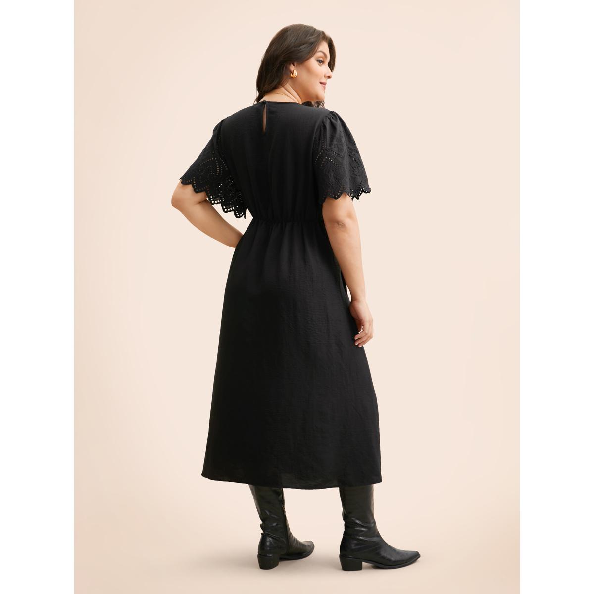 Plus Size Broderie Anglaise Woven Ribbon Midi Dress Black Women Elegant Woven ribbon&lace trim Round Neck Short sleeve Curvy BloomChic 12/L Product Image