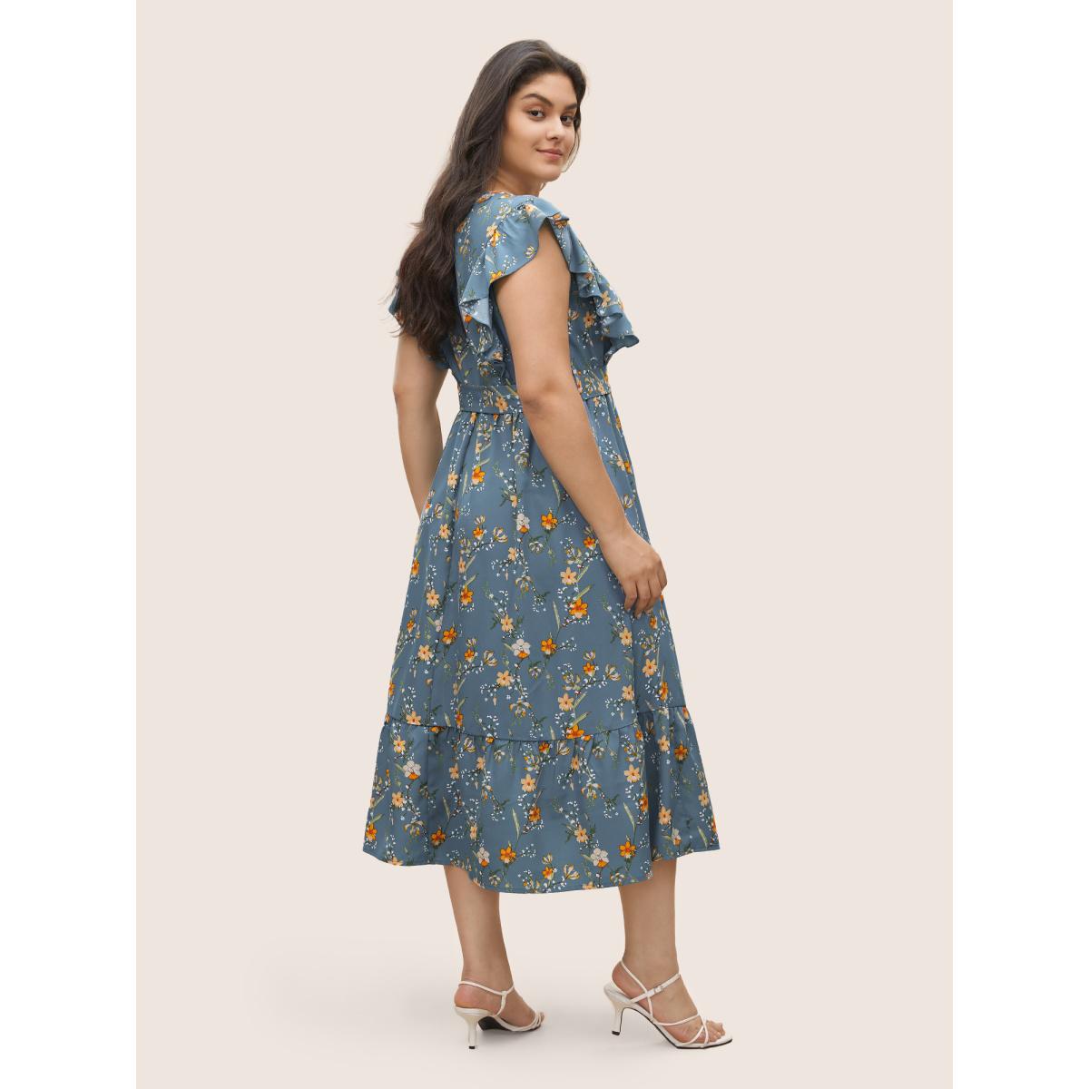 Plus Size Ditsy Floral Flutter Trim Pocket Layered Hem Dress Stone Women Elegant Non Overlap Collar Cap Sleeve Curvy Midi Dress BloomChic 18-20/2X Product Image