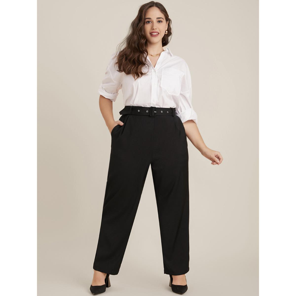 Plus Size Solid Mid Rise Pocket Belted Pants Women Black Office Mid Rise Office Pants BloomChic 10/M Product Image
