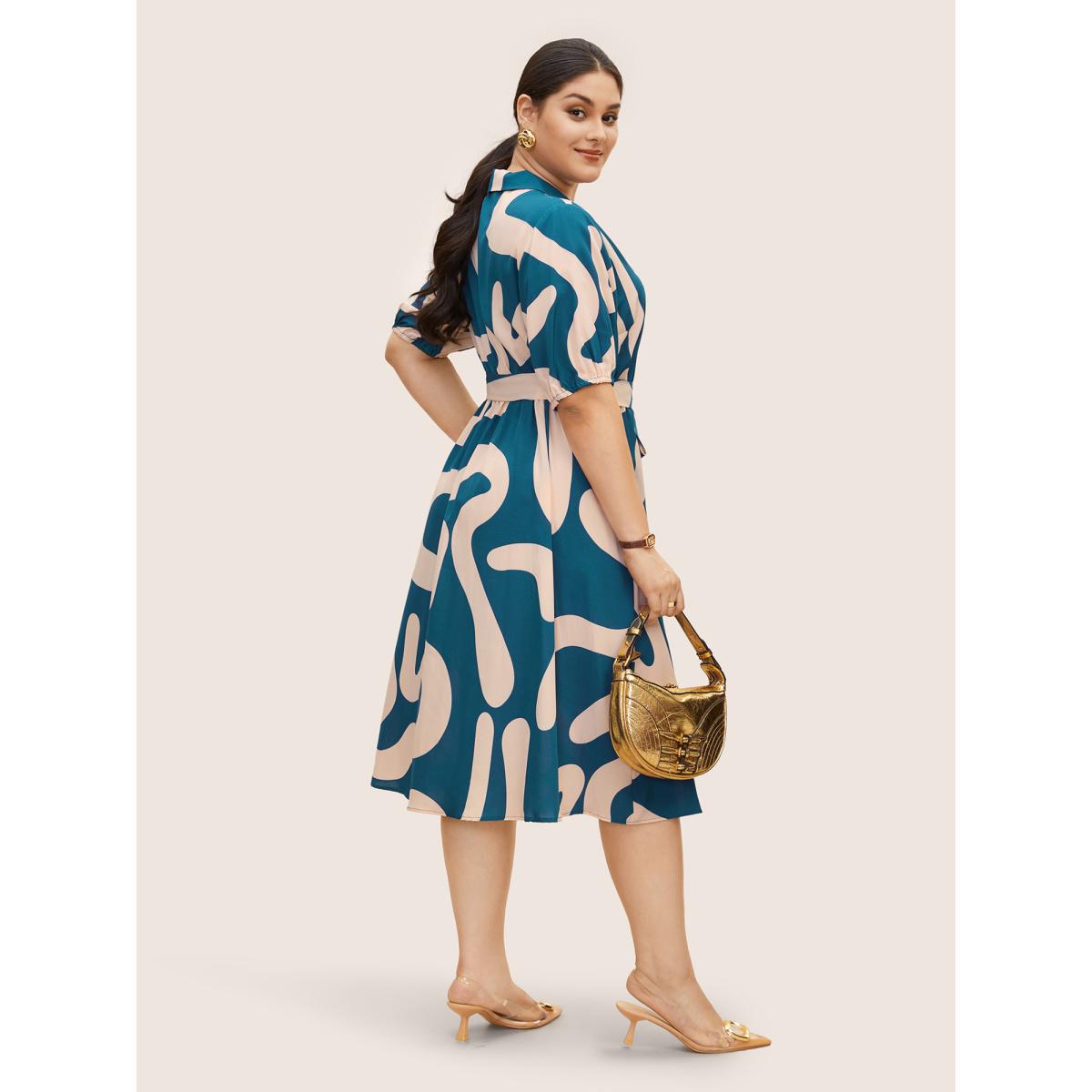 Plus Size Shirt Collar Contrast Geometric Belted Midi Dress Aegean Women At the Office Gathered Shirt collar Half Sleeve Curvy BloomChic 10/M Product Image