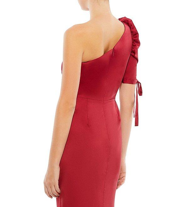 Mac Duggal Satin Asymmetrical One Shoulder Tie Short Puff Sleeve Sheath Gown Product Image