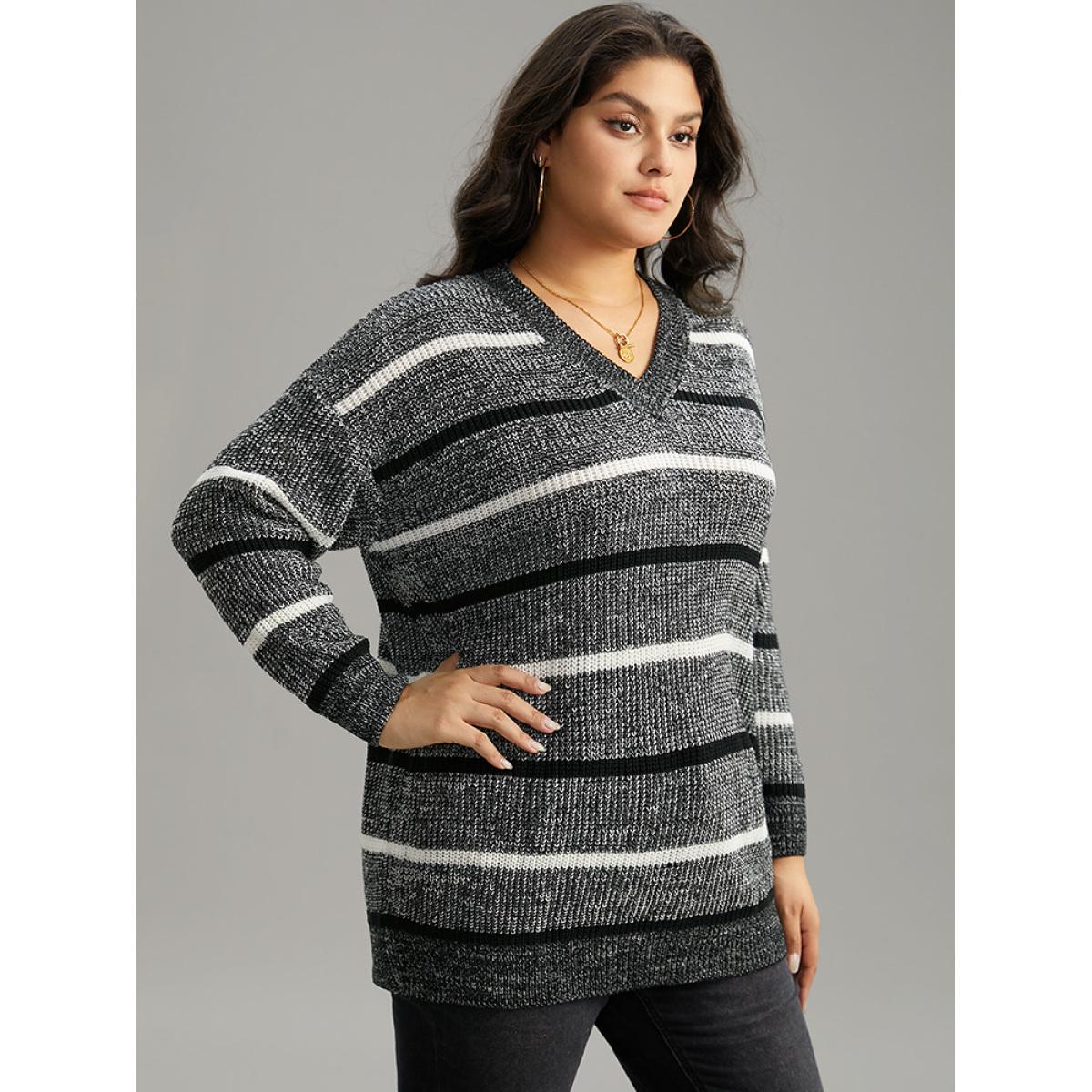 Plus Size V Neck Striped Contrast Heather Pullover Black Women Casual Loose Long Sleeve V-neck Dailywear Pullovers BloomChic 12/L Product Image