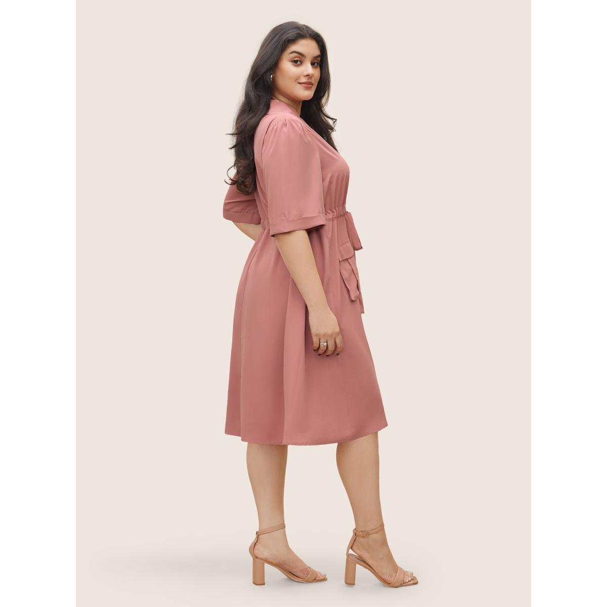 Plus Size Solid Patched Pocket Ties Gathered Dress Crepe Women At the Office Non Suit Collar Half Sleeve Curvy Midi Dress BloomChic 30/6X Product Image