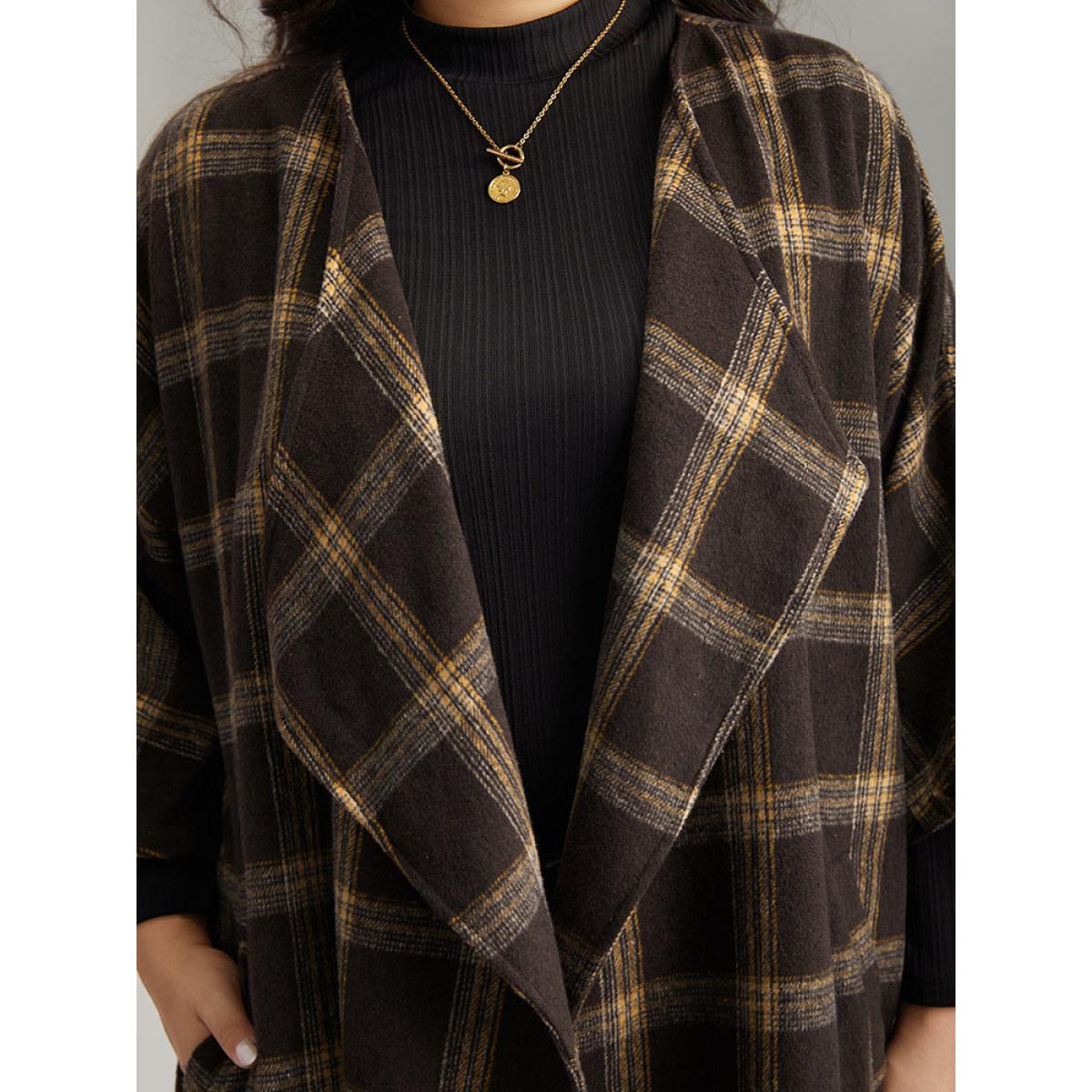 Plus Size Plaid Asymmetrical Neck Dolman Sleeve Belted Coat Women DarkBrown Elegant Belted Ladies Dailywear Winter Coats BloomChic 10/M Product Image