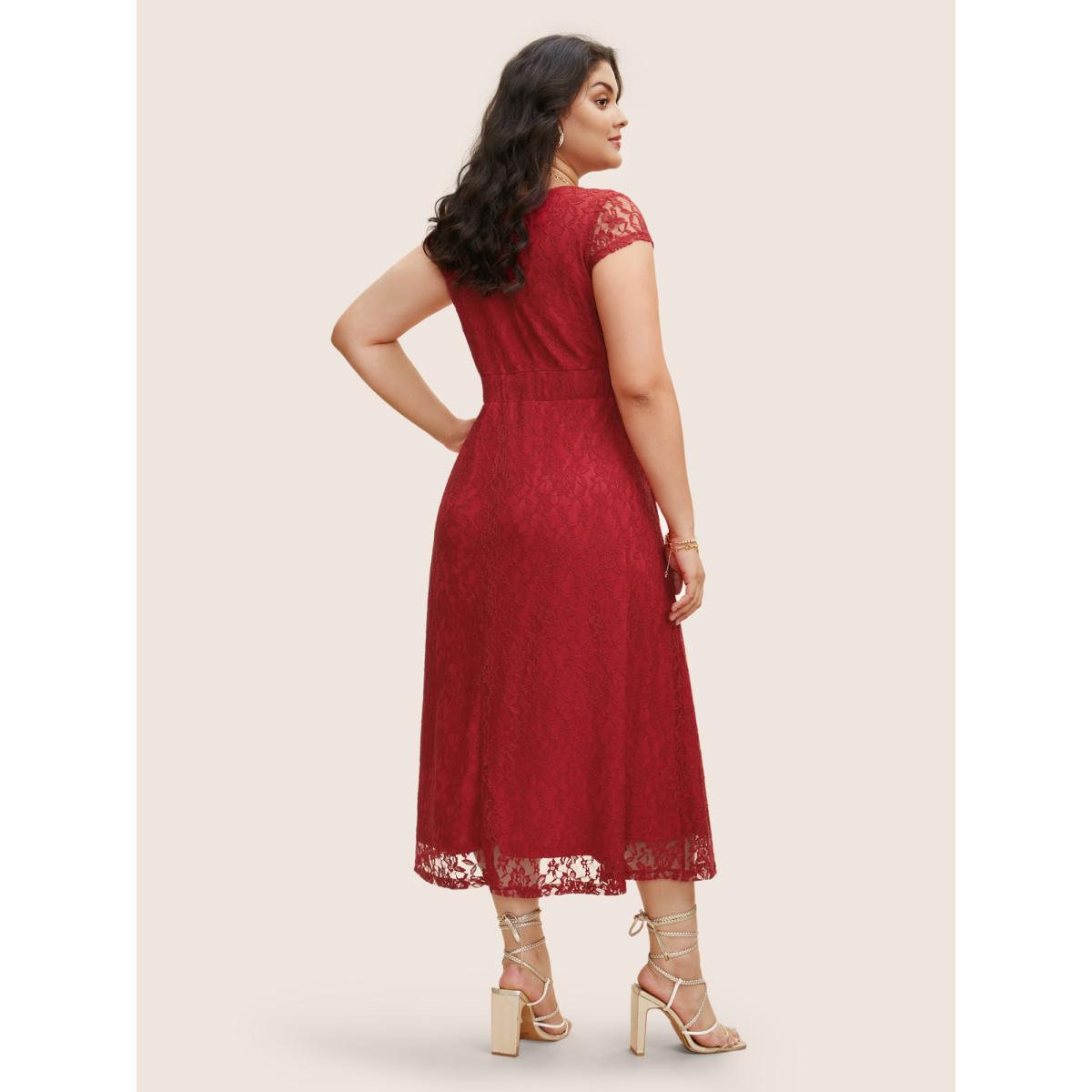 Plus Size Lace Panel Heart Neckline Split Side Dress Burgundy Women Cocktail Heart neckline Cap Sleeve Curvy BloomChic 30/6X Product Image