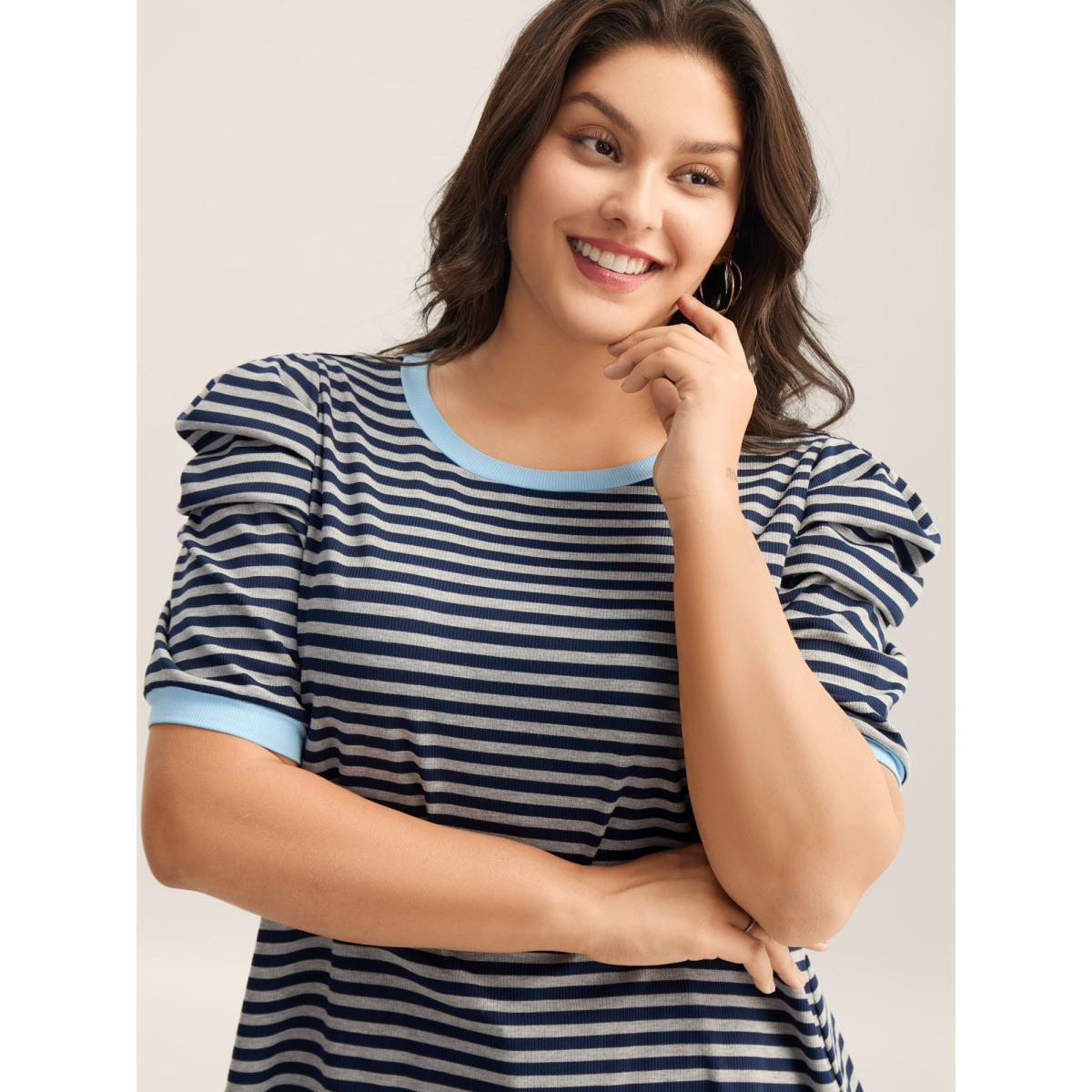 Plus Size Textured Stripes Color Contrast T-Shirt Indigo Women Texture Round Neck Everyday-Casual T-shirts BloomChic 14-16/1X Product Image