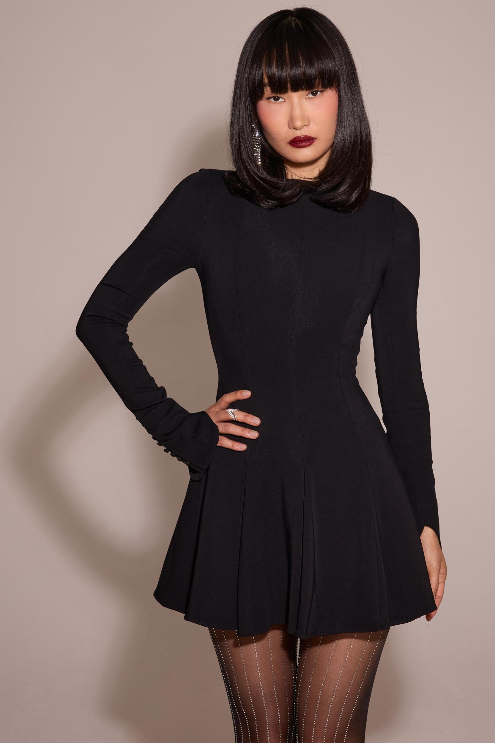 Francesca  black stretch crepe godet mini dress Product Image