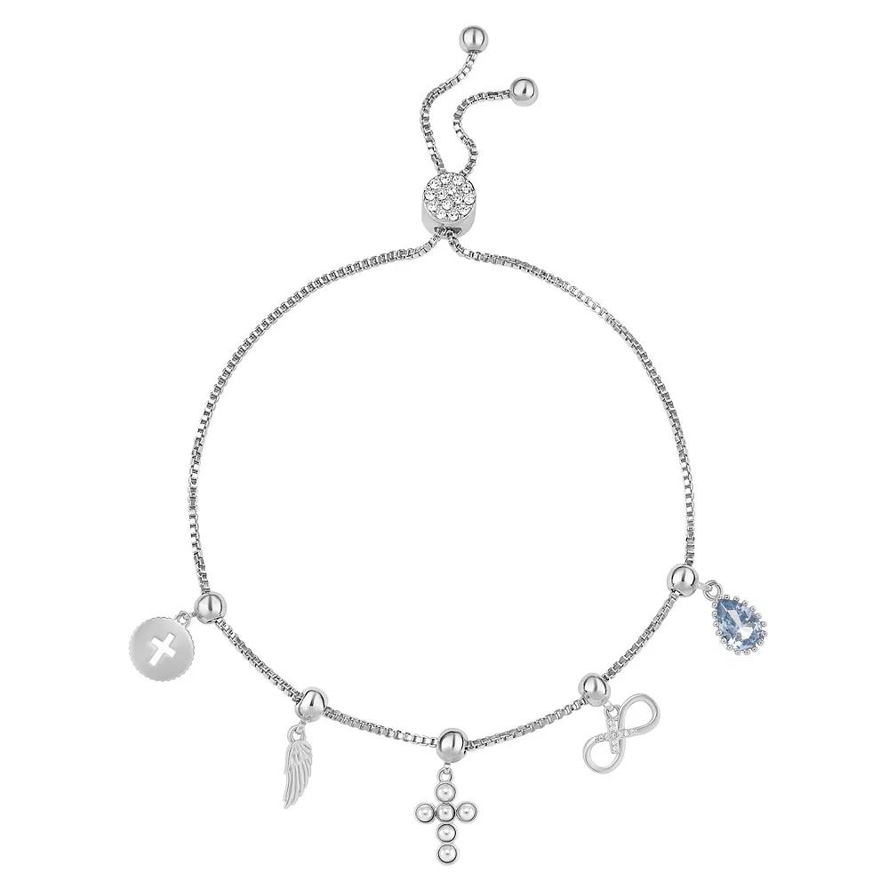 Brilliance Fine Silver Plated Cubic Zirconia Adjustable Charm Bracelet, Women's, Silver Tone Aqua Product Image