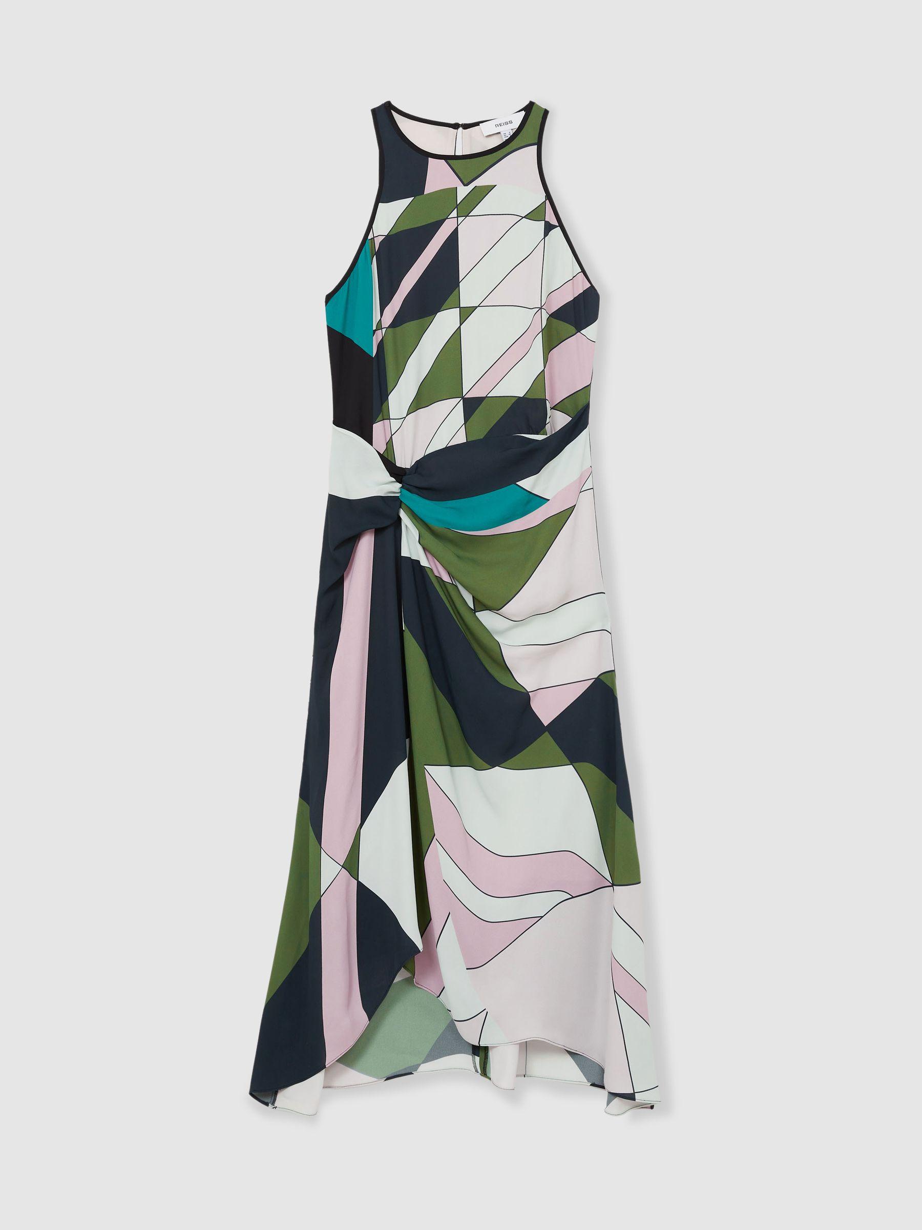 Geometric-Print Gathered Midi Dress in Green Product Image