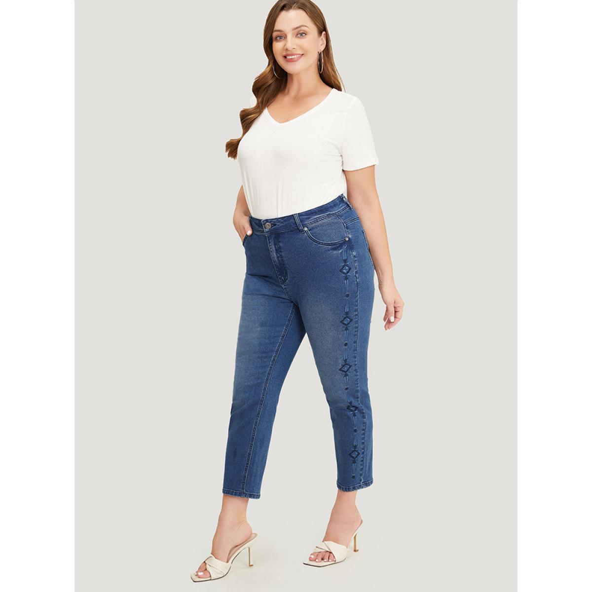 Plus Size Very Stretchy Medium Wash Geometric Embroidered Jeans Women Indigo Casual Plain Embroidered High stretch Jeans BloomChic 12/L Product Image