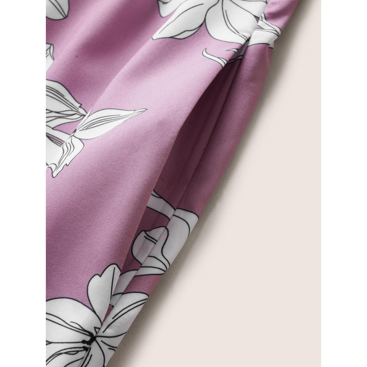 Plus Size Floral Ruffles Asymmetrical Hem Belted Gathered Dress Lilac Women Elegant Gathered Non Short sleeve Curvy Midi Dress BloomChic 30/6X Product Image