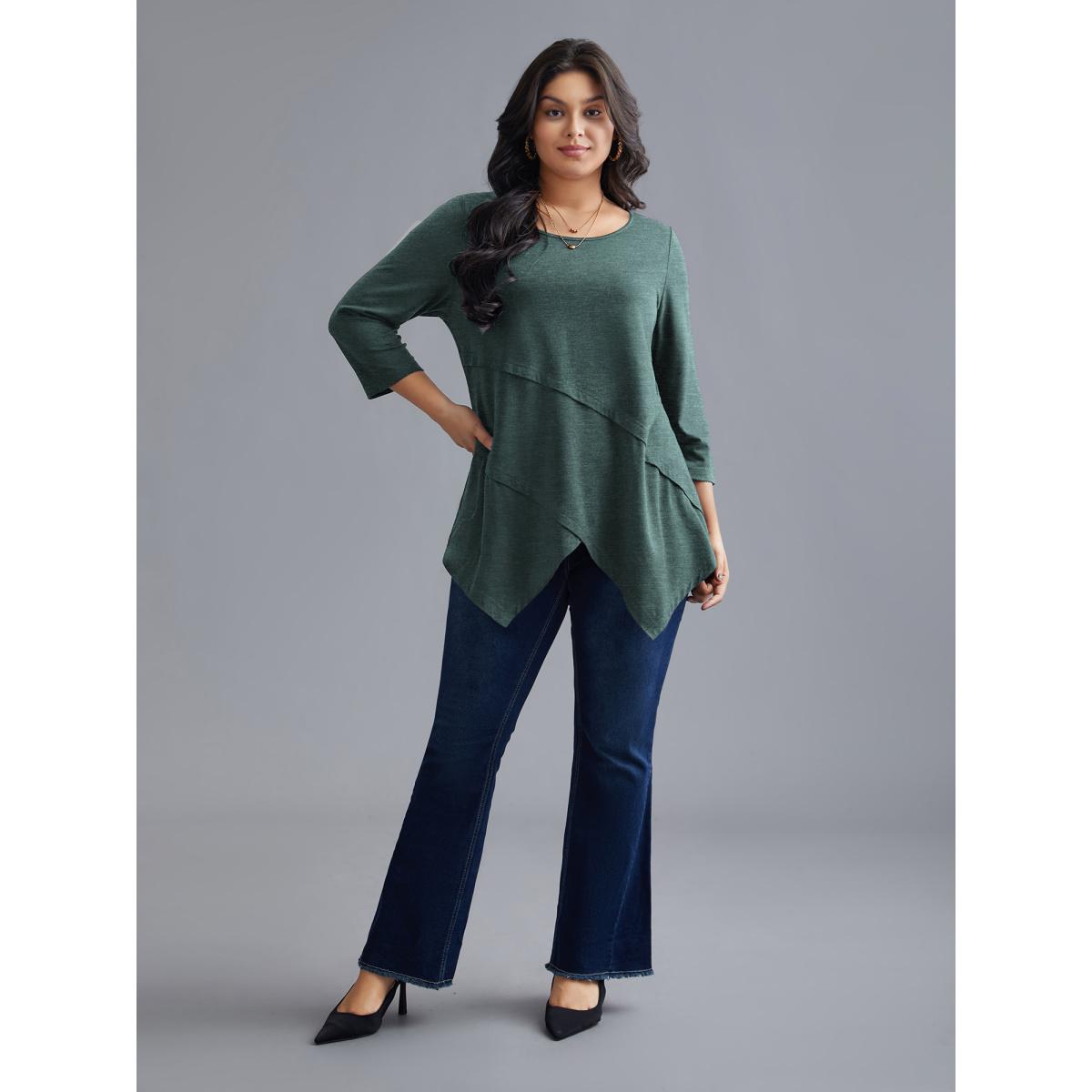Plus Size Asymmetrical Hem Overlap Long T-shirt DarkSlateGray Women Elegant Tucked seam Round Neck Loose Everyday T-shirts BloomChic 28/5X Product Image