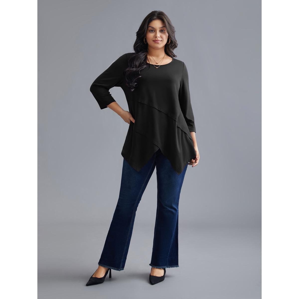 Plus Size Asymmetrical Hem Overlap Long T-shirt Eggplant Women Leisure Tucked seam Round Neck Loose Casual T-shirts BloomChic 14-16/1X Product Image
