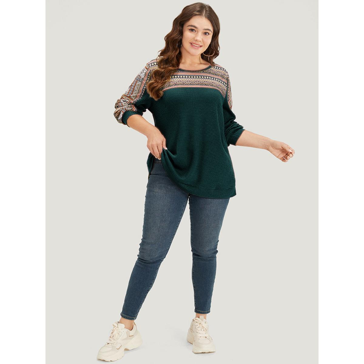 Plus Size Boho Print Patchwork Waffle Knit Crew Neck Sweatshirt Women DarkGreen Casual Elastic cuffs Round Neck Dailywear Sweatshirts BloomChic 22-24/3X Product Image