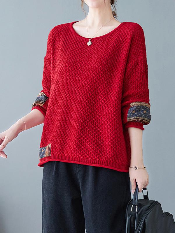 Long Sleeves Loose Printed Split-Joint Round-Neck Pullovers Sweater Tops Product Image