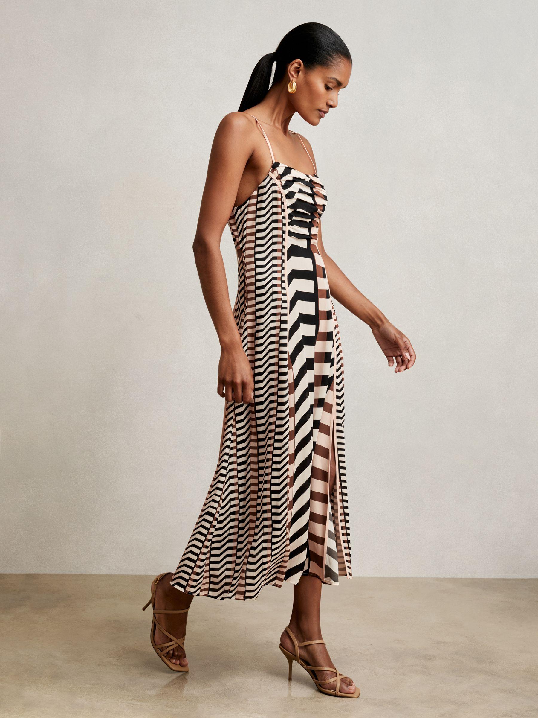 Chevron-Stripe Ruched Midi Dress in Black/Brown Product Image