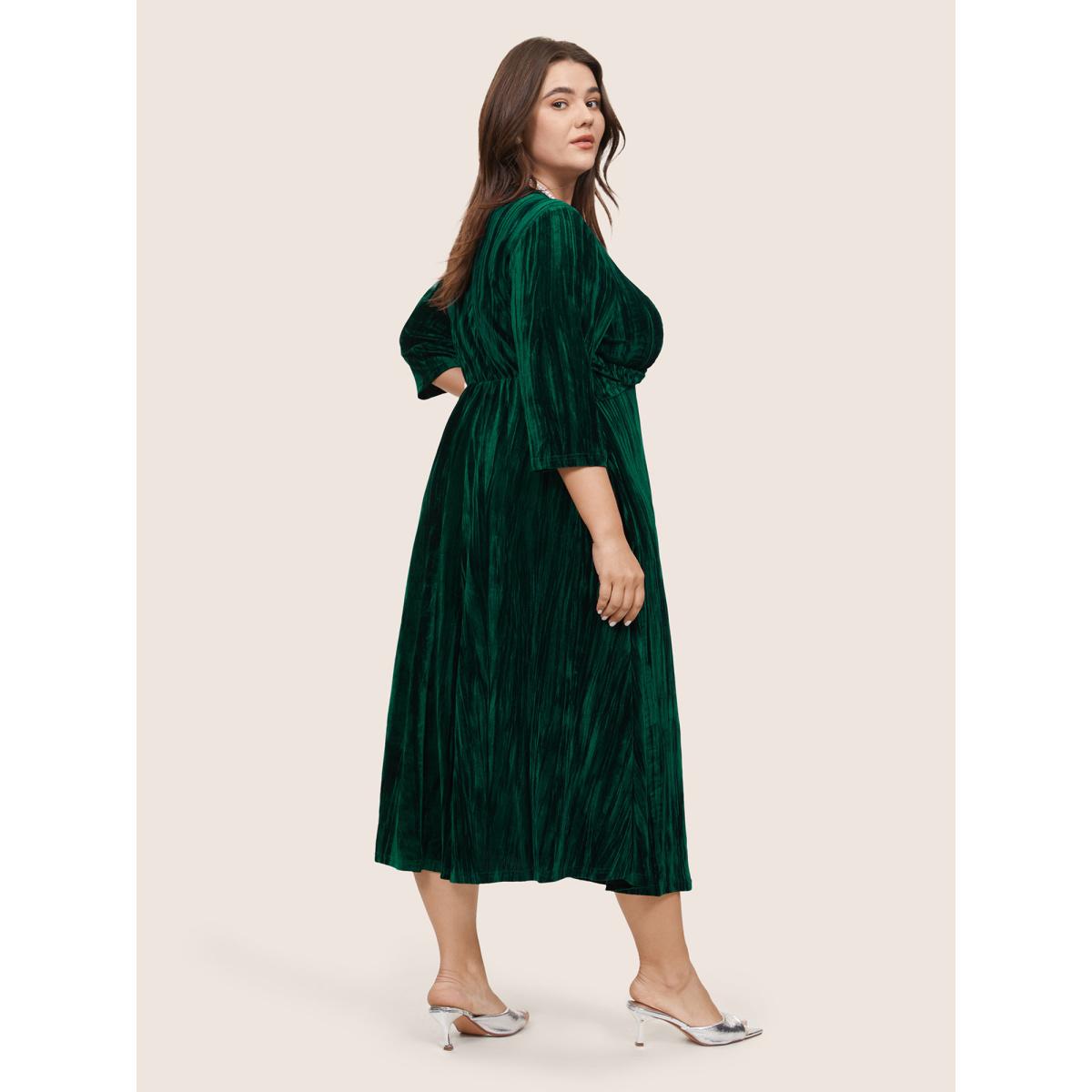 Plus Size Plain Velvet V Neck Twist Front Dress DarkGreen Women Cocktail Velvet V-neck Elbow-length sleeve Curvy Midi Dress BloomChic 14-16/1X Product Image