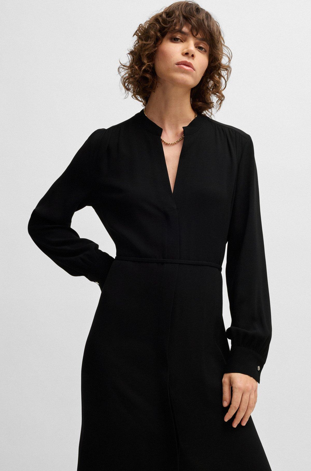 Belted dress with collarless V neckline and button cuffs Product Image
