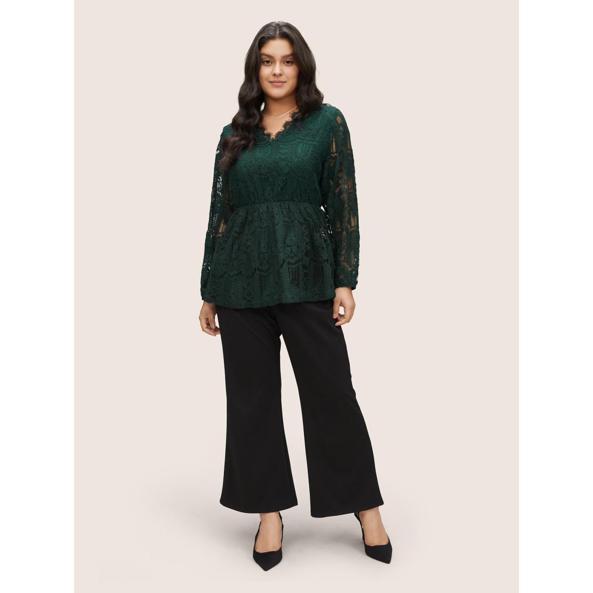 Plus Size DarkGreen Solid Lace Patchwork Elastic Waist Blouse Women Elegant Long Sleeve V-neck Party Blouses BloomChic 18-20/2X Product Image