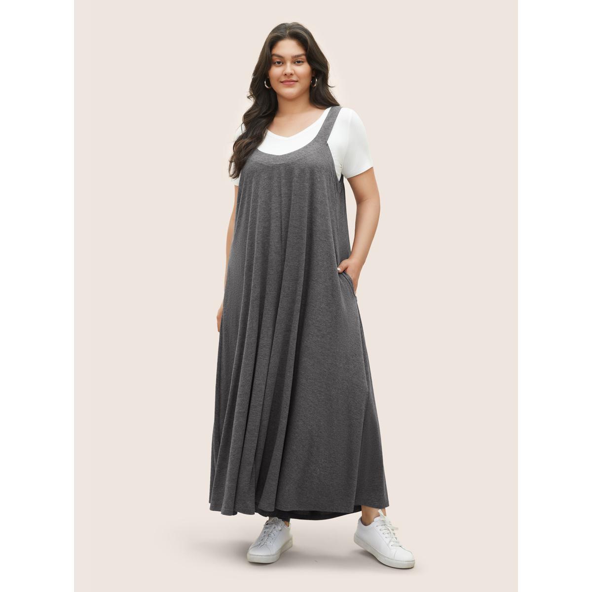 Plus Size Gray Supersoft Essentials Solid Pocket Adjustable Straps Jumpsuit Women Leisure Sleeveless Non Casual Loose Jumpsuits BloomChic 28/5X Product Image