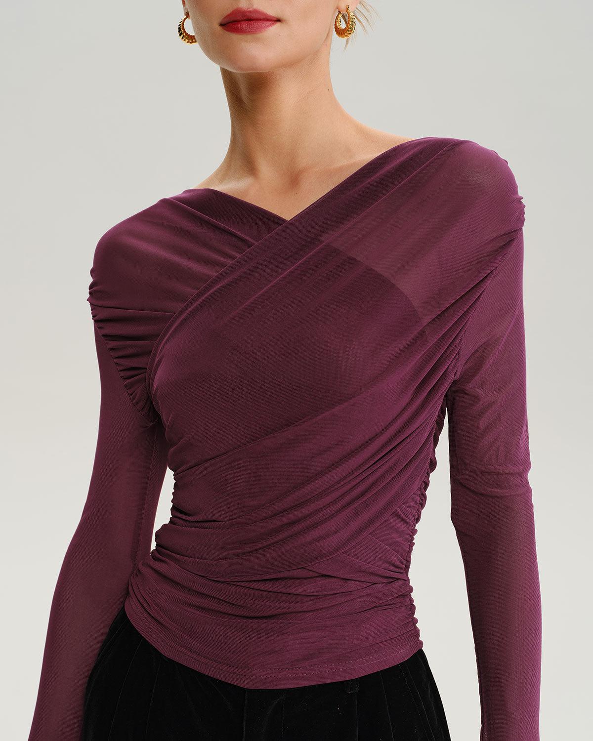 Wine Red V Neck Slim Mesh Tee Product Image