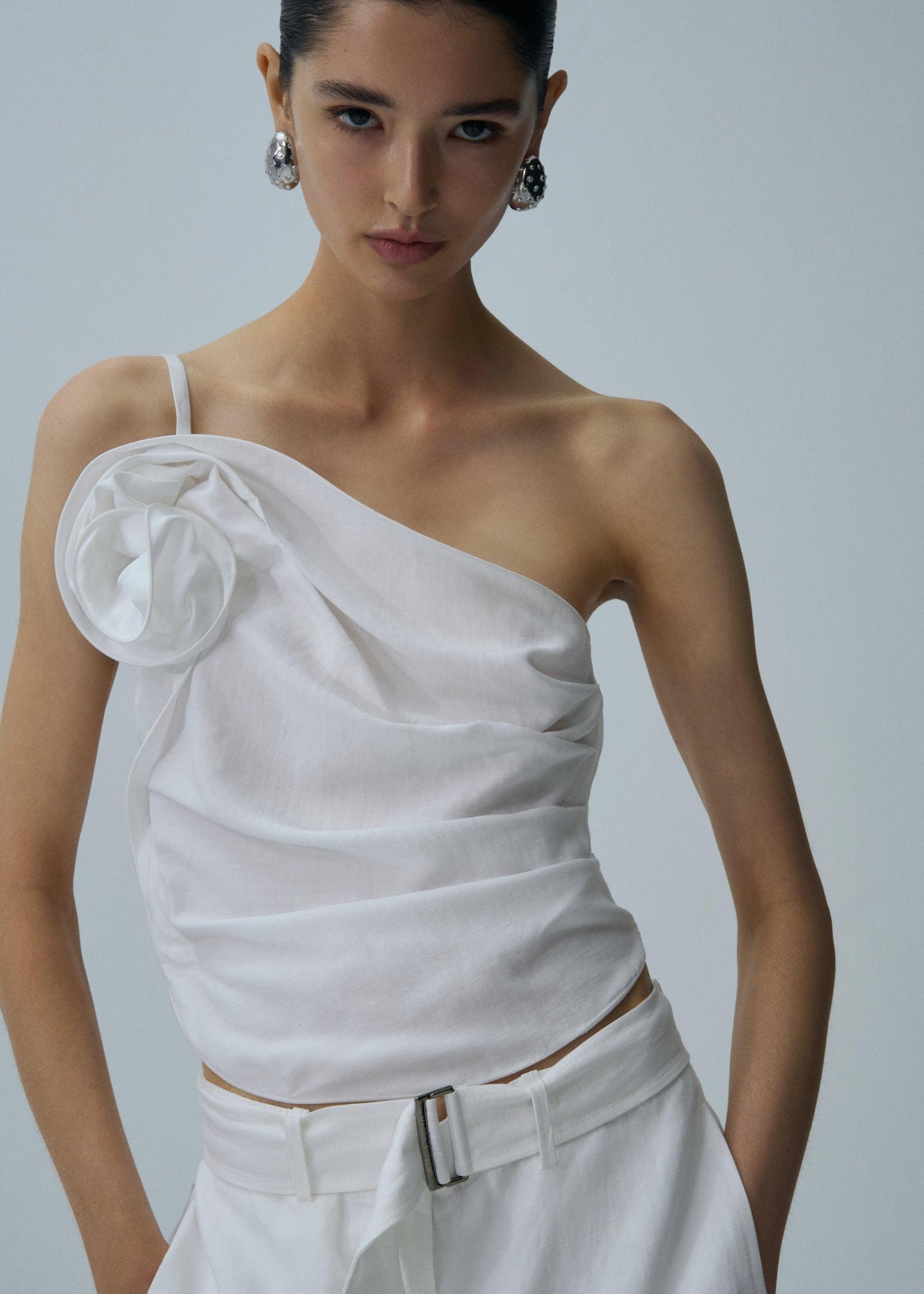 One shoulder draped top in white Product Image