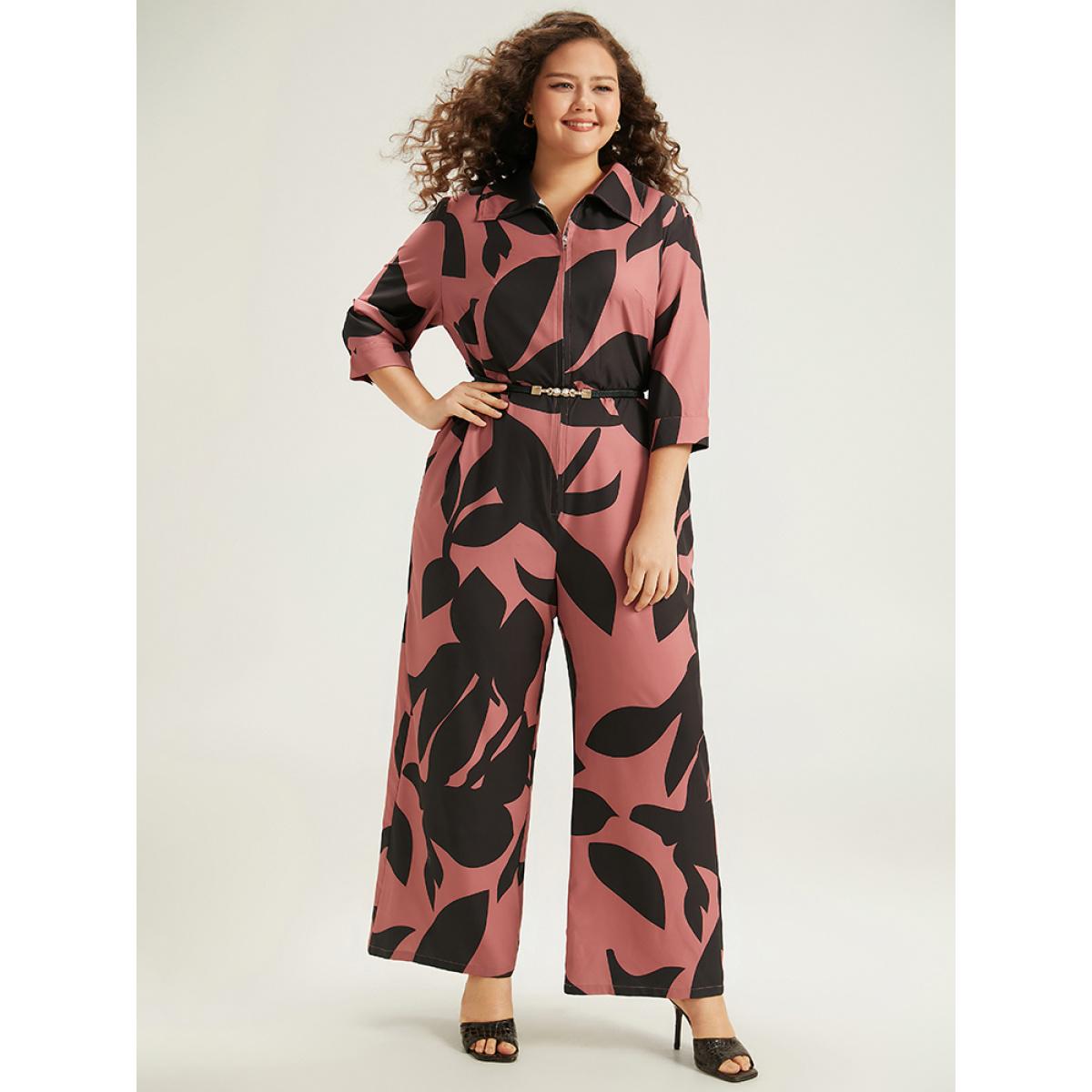 Plus Size DustyPink Silhouette Floral Print Zipper Belted Jumpsuit Women Elegant Elbow-length sleeve Shirt collar Everyday Loose Jumpsuits BloomChic 10/M Product Image