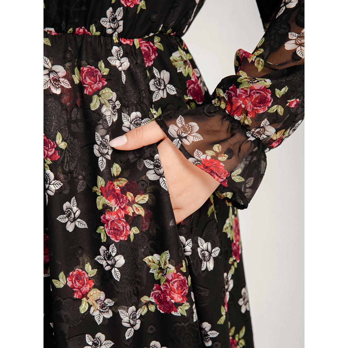 Plus Size Floral Mesh Lantern Sleeve Pocket Flutter Dress Black Women Dating V-neck Long Sleeve Curvy Midi Dress BloomChic 18-20/2X Product Image