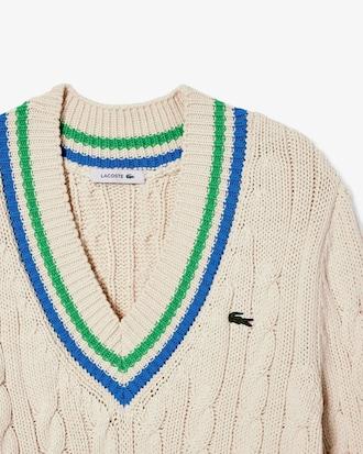 V Neck Cable Knit Cotton Tennis Sweater Product Image