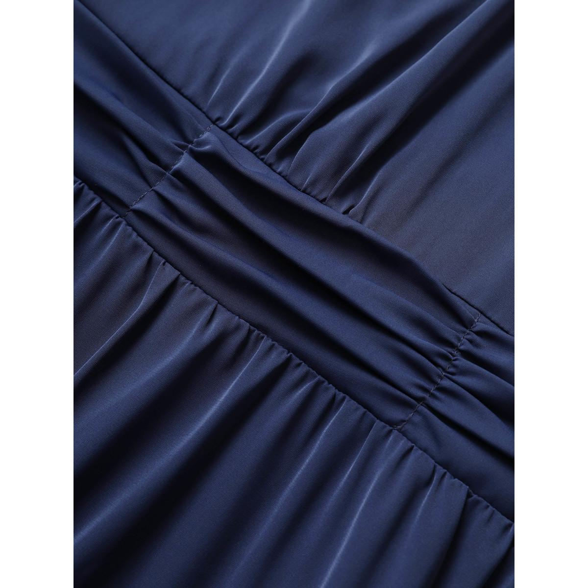 Plus Size Solid Elastic Waist Ruched Dress DarkBlue Women At the Office Non Round Neck Elbow-length sleeve Curvy Midi Dress BloomChic 12/L Product Image