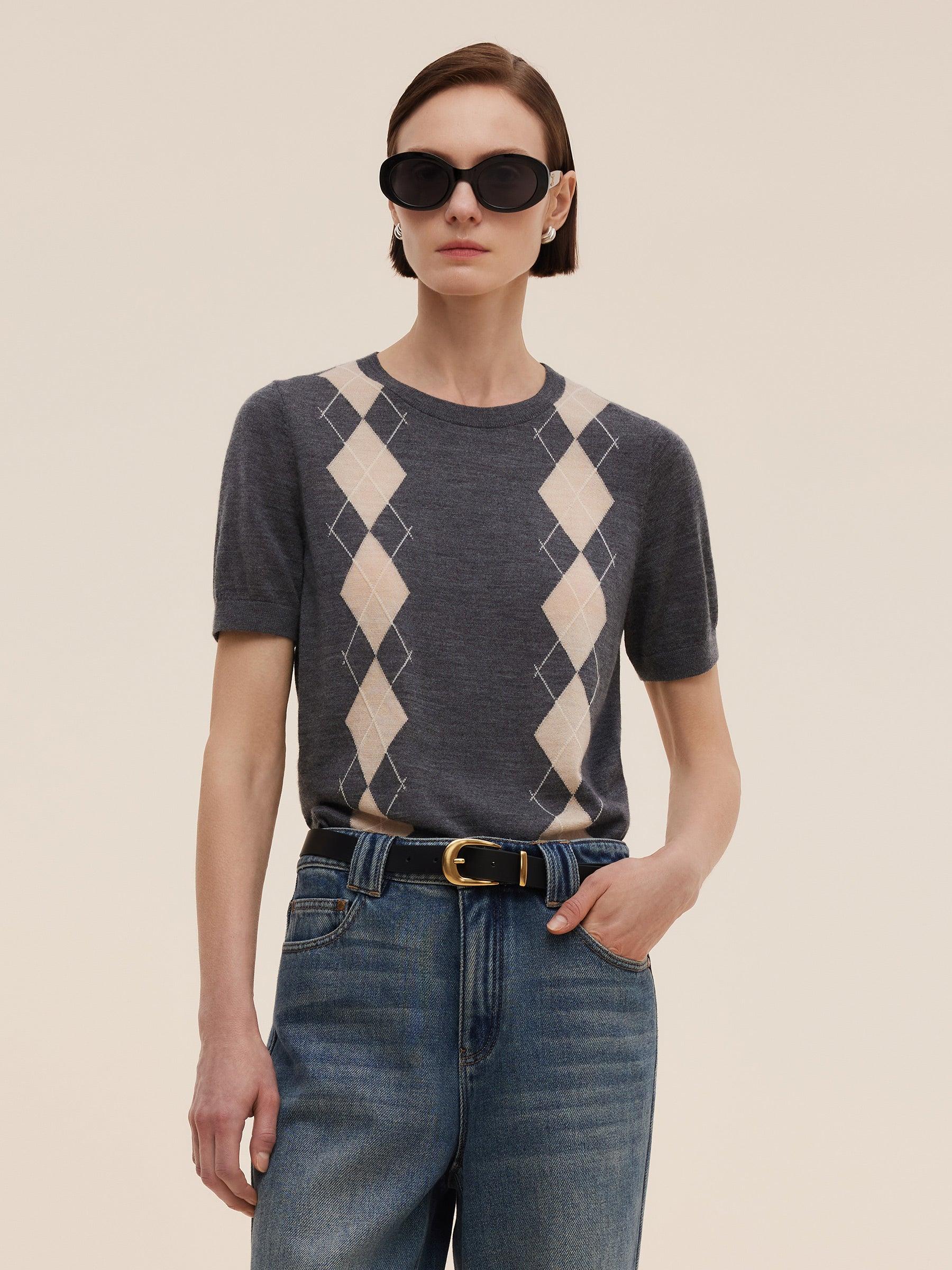 100% Machine Washable Wool Argyle Women Knit Top Product Image