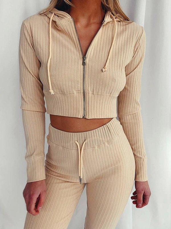 Zip Up Crop Hoodie & Drawstring Waist Pants Set Product Image