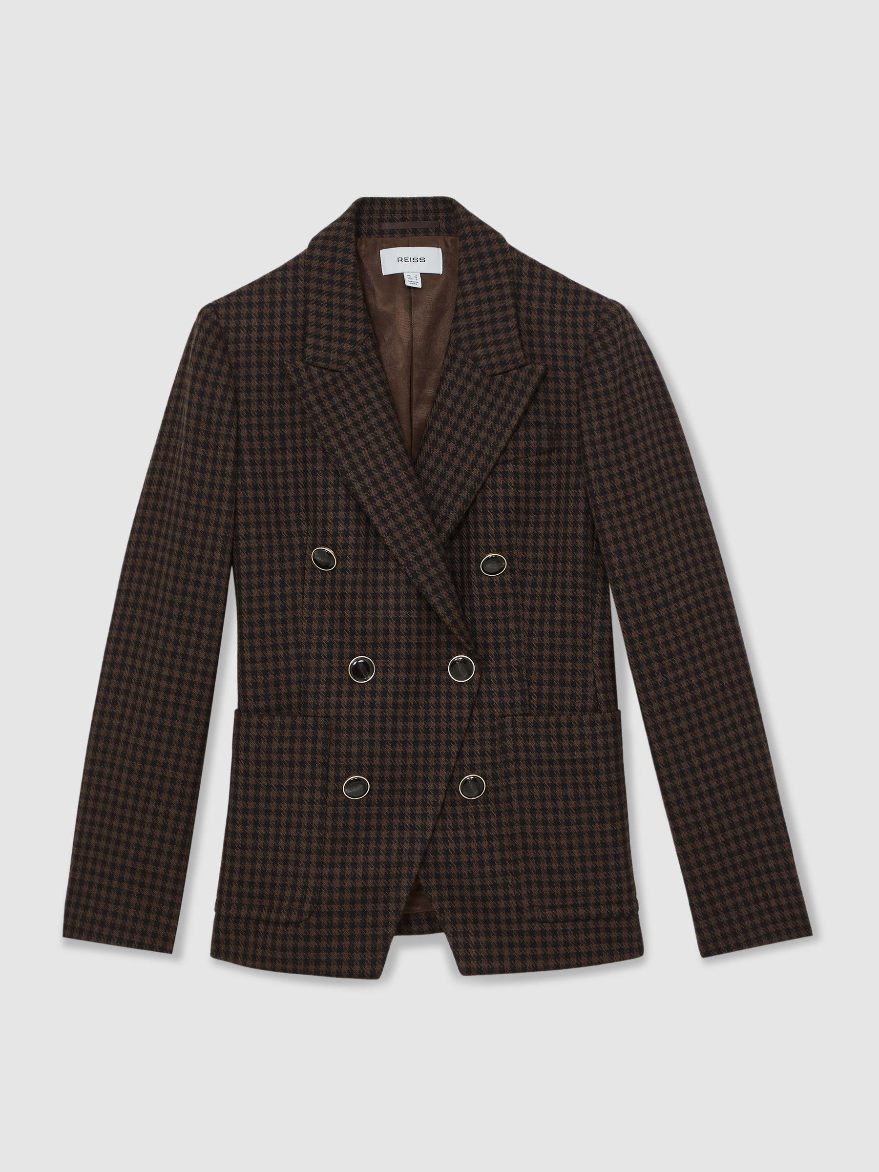 Wool-Blend Double-Breasted Check Blazer in Brown Check Product Image