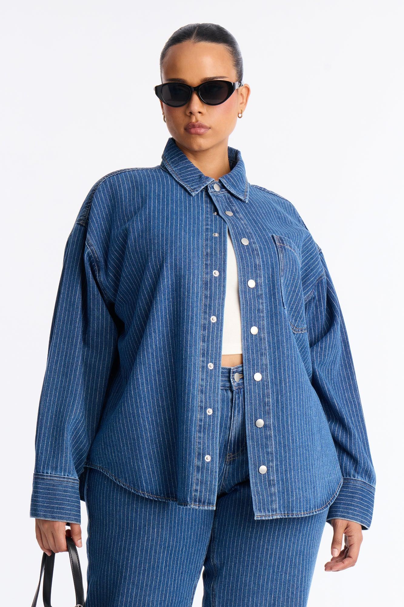 Makayla Pinstripe Denim Straight Leg Pant Set - Denim Female Product Image