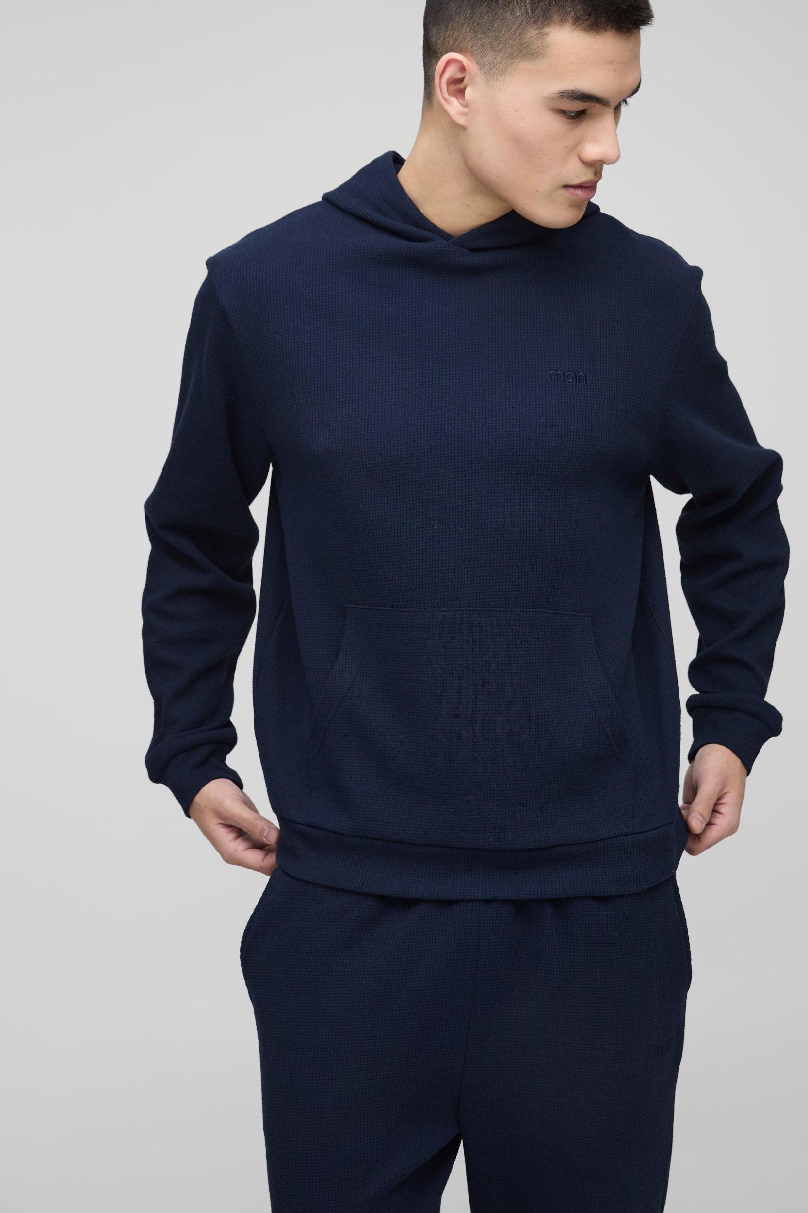 Regular Fit Man Embroidered Waffle Hooded Tracksuit | boohooMAN USA Product Image