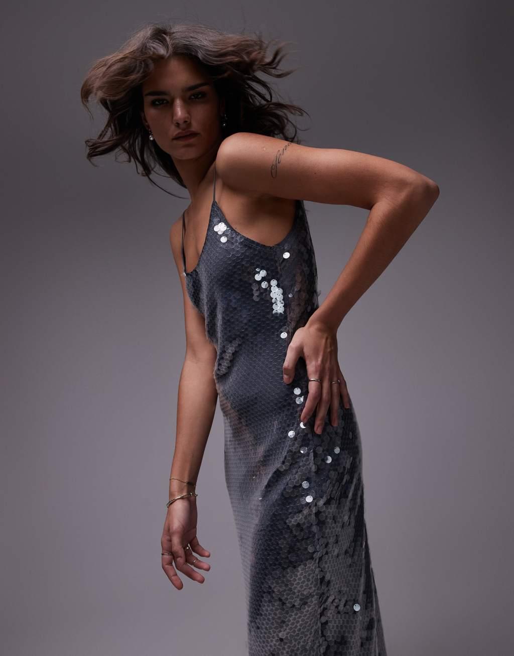 Topshop sequin maxi slip dress in steel gray Product Image