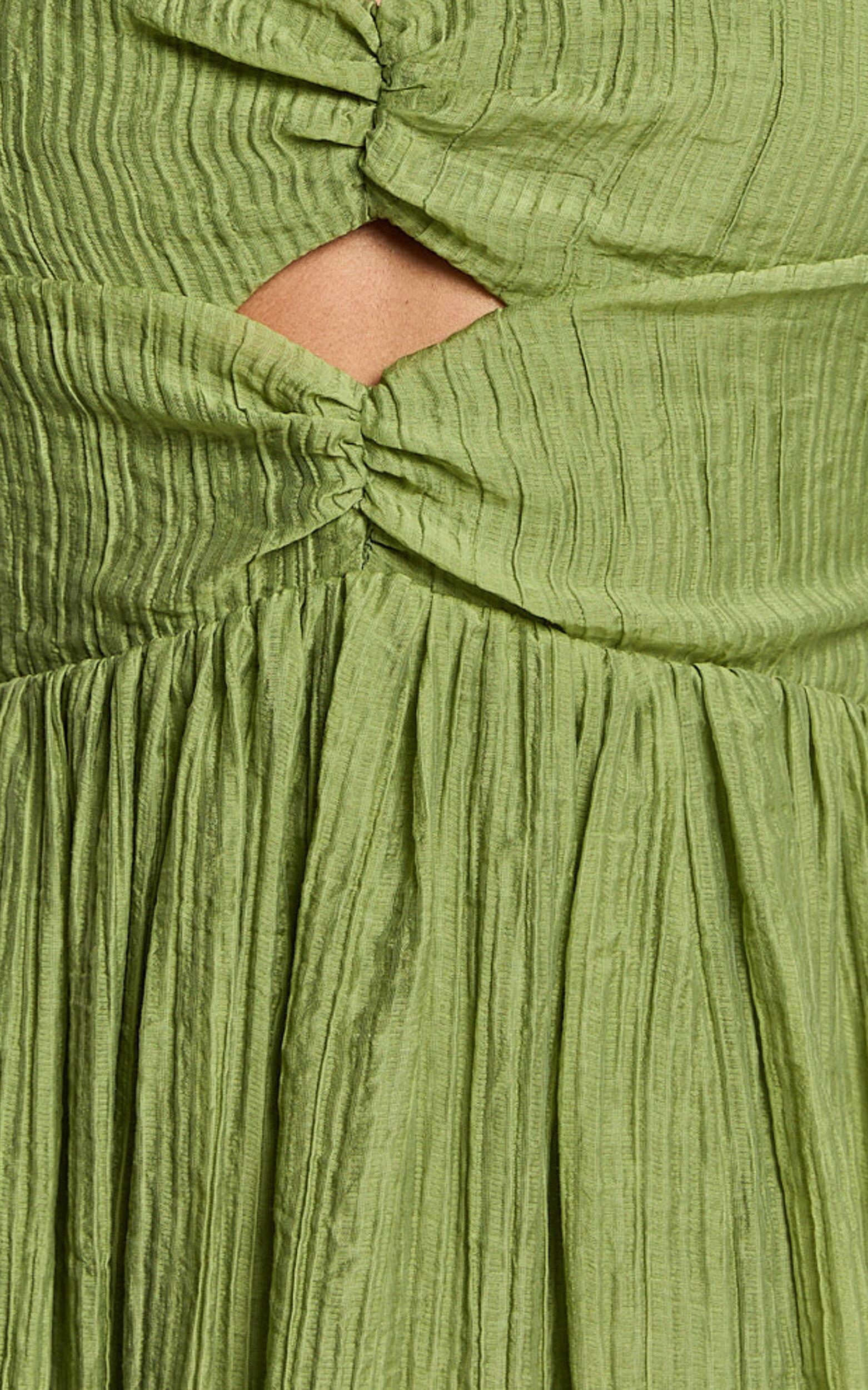 Zahara Midi Dress - Blouson Sleeve Cut Out Dress in Green Product Image