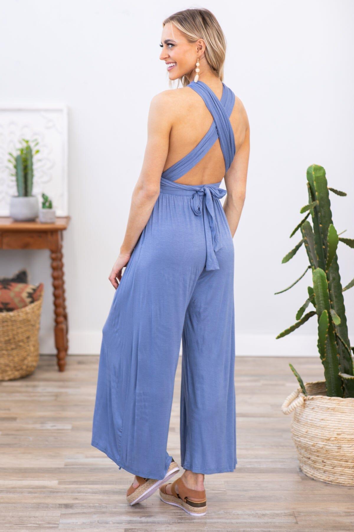 Dusty Blue Convertible Strap Wide Leg Jumpsuit Product Image