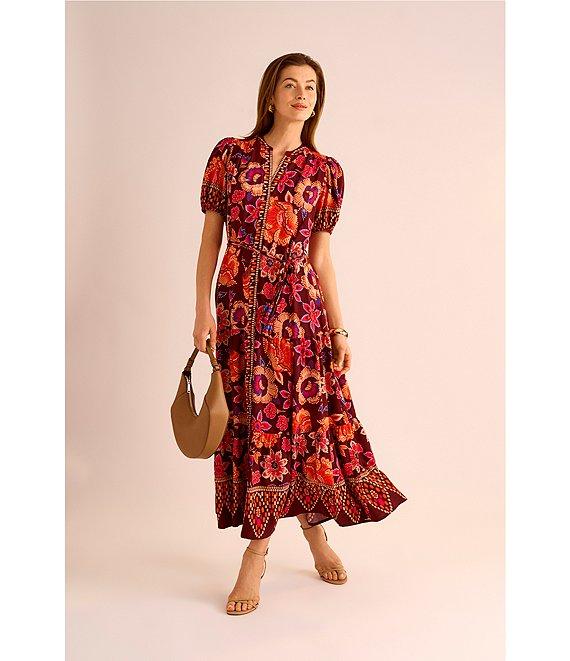 Vince Camuto Woven Floral V-Neck Short Puff Sleeve Button Front Tiered Maxi Dress Product Image