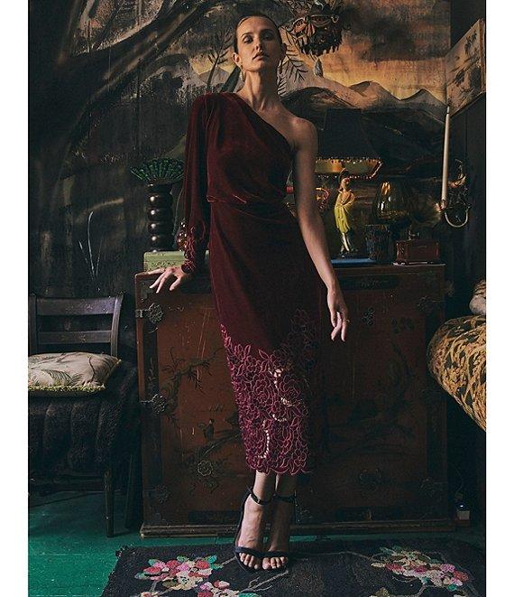 Layered with Love One Sleeve Laser Cut Floral Hem Velvet Midi Dress Product Image