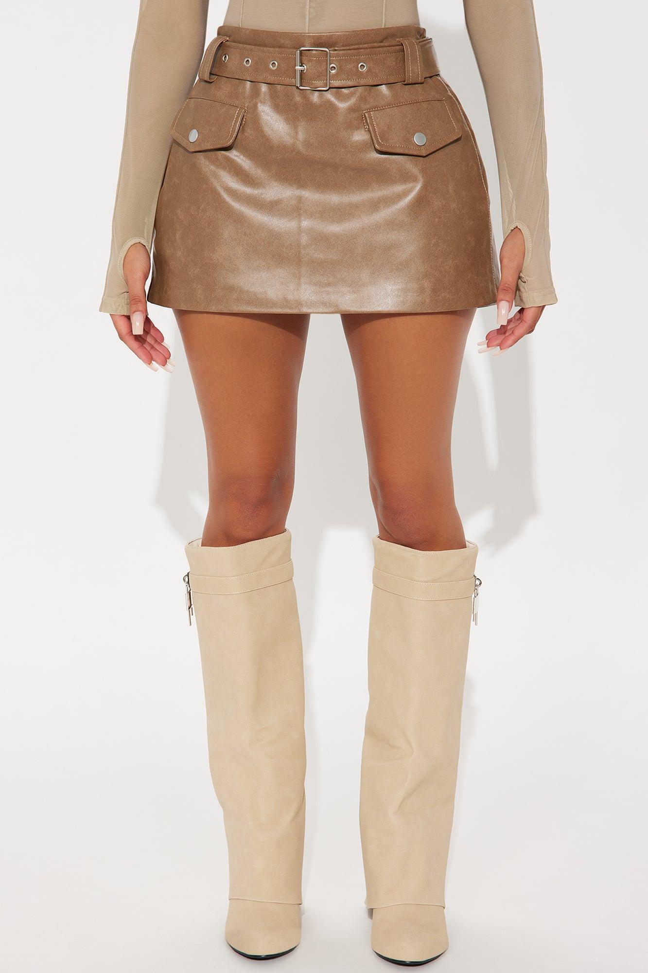 Camille Belted Faux Leather Mini Skirt - Brown Female Product Image