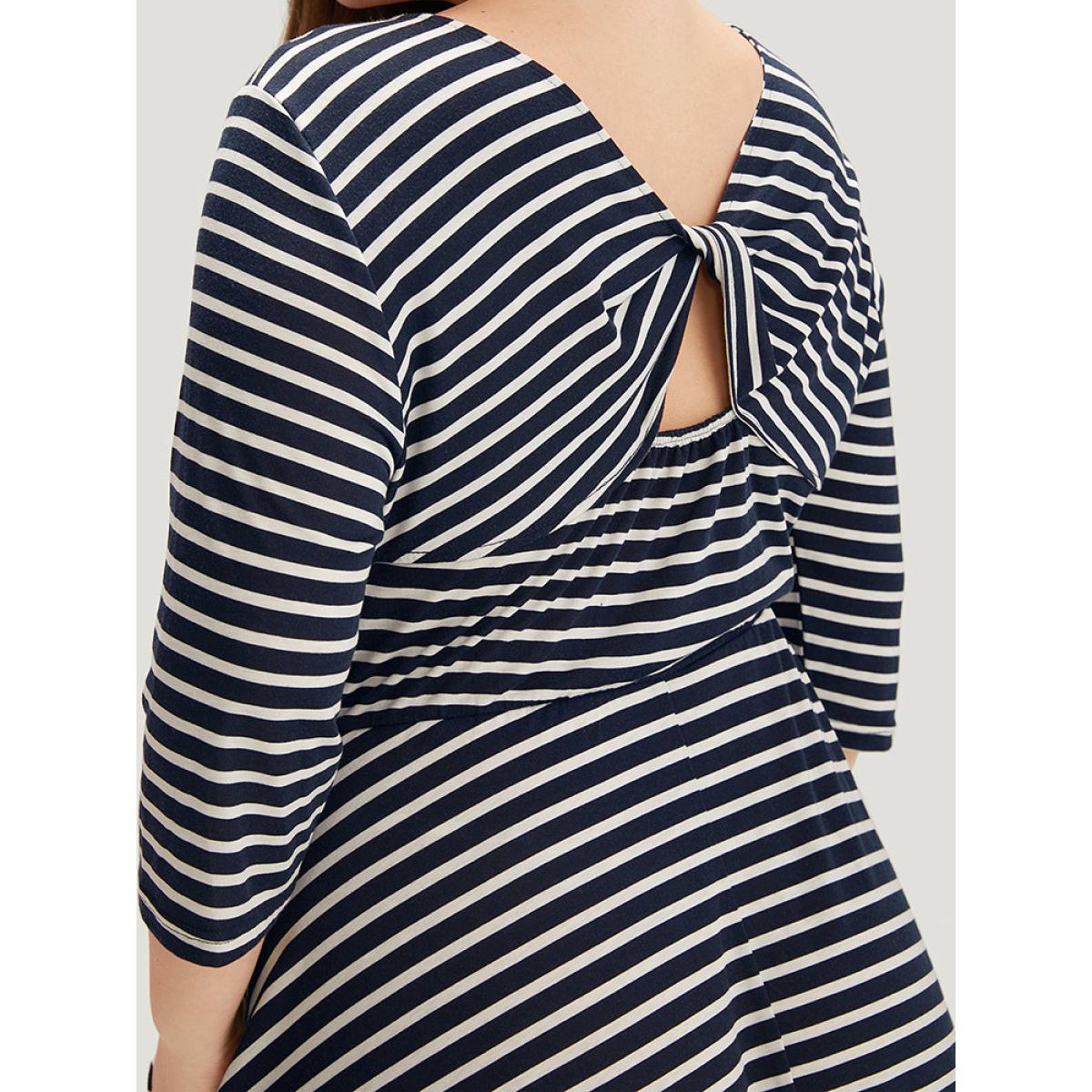 Plus Size Striped Crew Neck Pocket Twist Back Dress Indigo Women Casual Elastic Waist Round Neck Elbow-length sleeve Curvy Midi Dress BloomChic 12/L Product Image