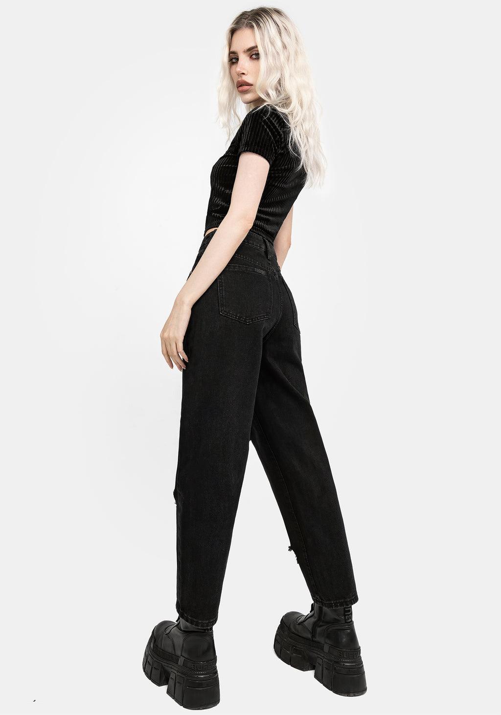 Deadhead Rose Embroidered Distressed Denim Barrel Leg Jeans Product Image