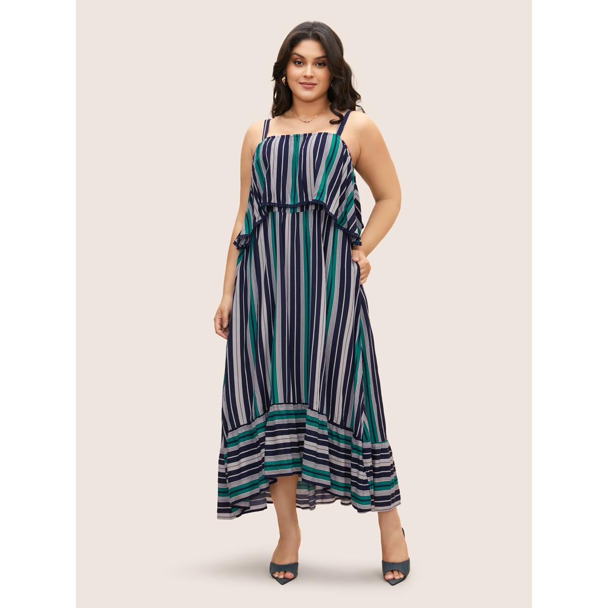 Plus Size Contrast Striped Ruffles Woven Ribbon Dress Indigo Women Elegant Woven ribbon&lace trim One-shoulder neck Sleeveless Curvy BloomChic 14-16/1X Product Image