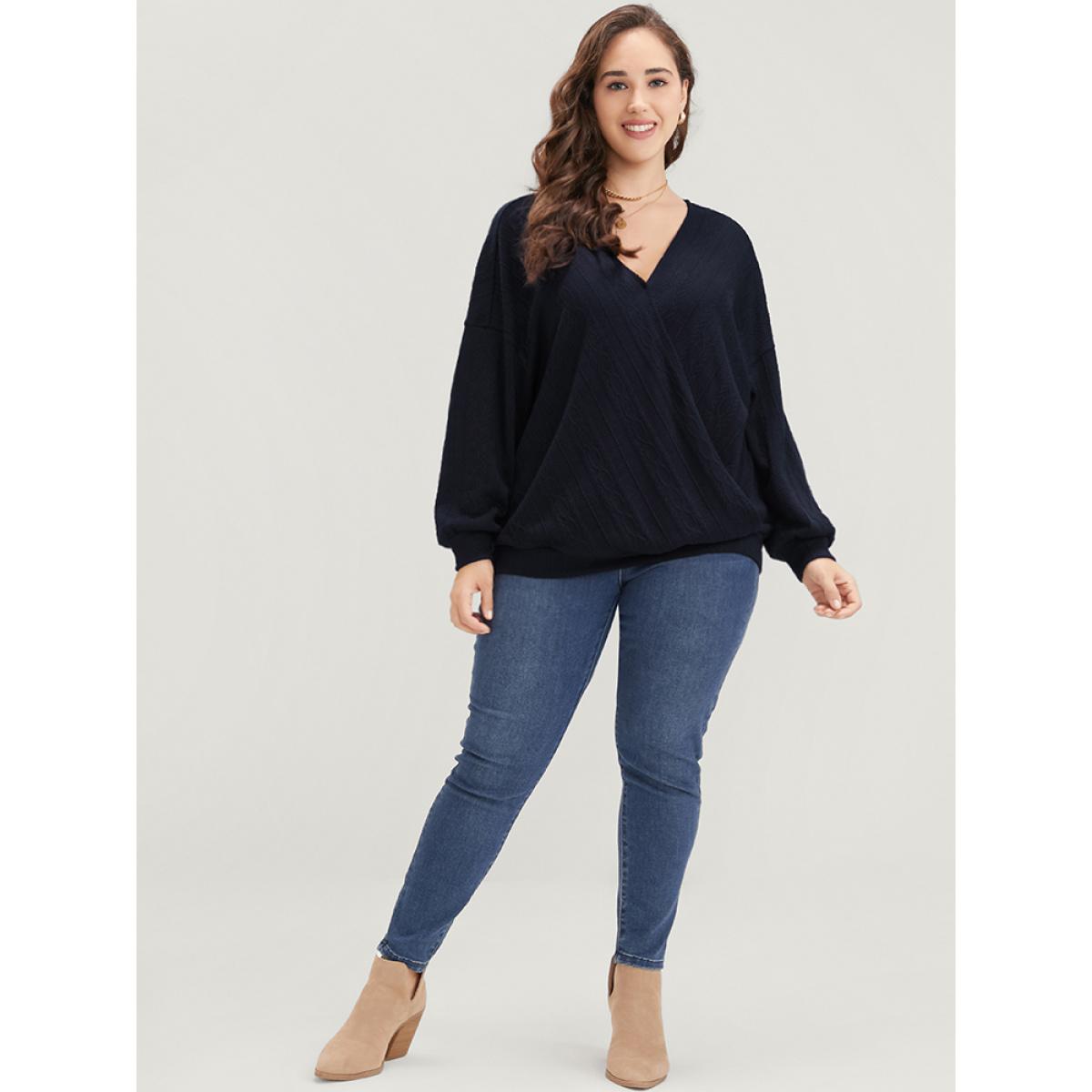 Plus Size Solid Cable Knit Surplice Neck Drop Shoulder Sweatshirt Women DarkBlue Elegant Plain V-neck Dailywear Sweatshirts BloomChic 12/L Product Image